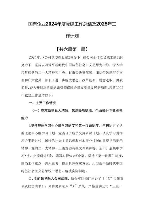 （6篇）国有企业2024年度党建工作总结及2025年工作计划.docx