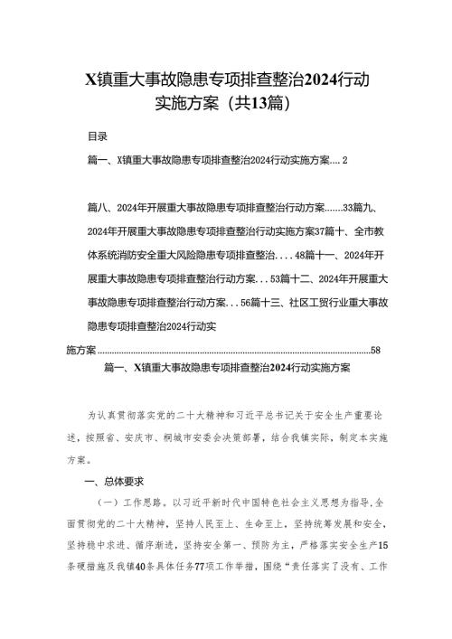 XX镇重大事故隐患专项排查整治行动实施方案（共13篇）.docx