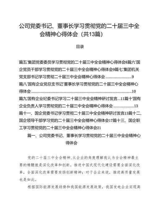 （13篇）公司党委书记、董事长学习贯彻党的二十届三中全会精神心得体会范文.docx