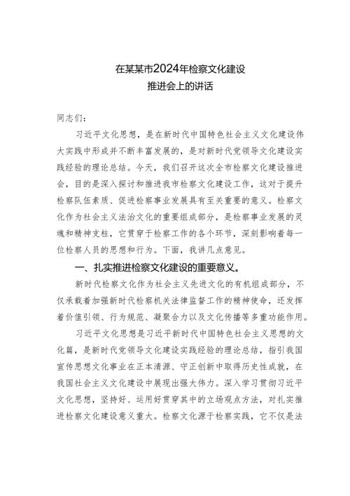 在某某市2024年检察文化建设推进会上的讲话.docx