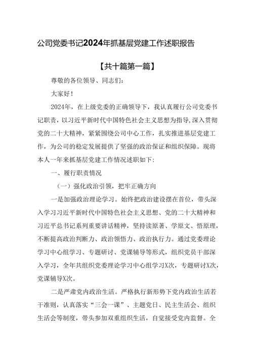 （10篇）公司党委书记2024年抓基层党建工作述职报告.docx