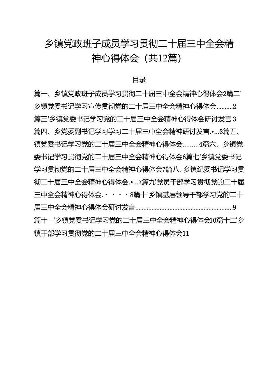 乡镇党政班子成员学习贯彻二十届三中全会精神心得体会(共12篇).docx_第1页