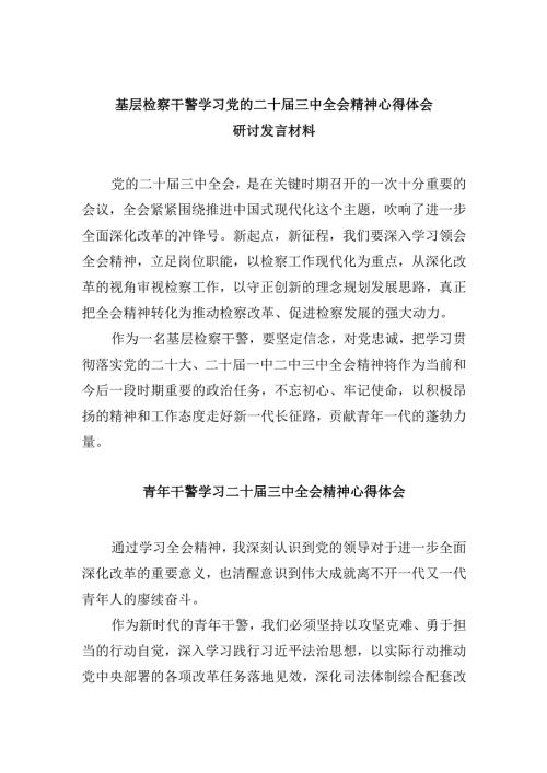 基层检察干警学习党的二十届三中全会精神心得体会研讨发言材料8篇（最新版）.docx