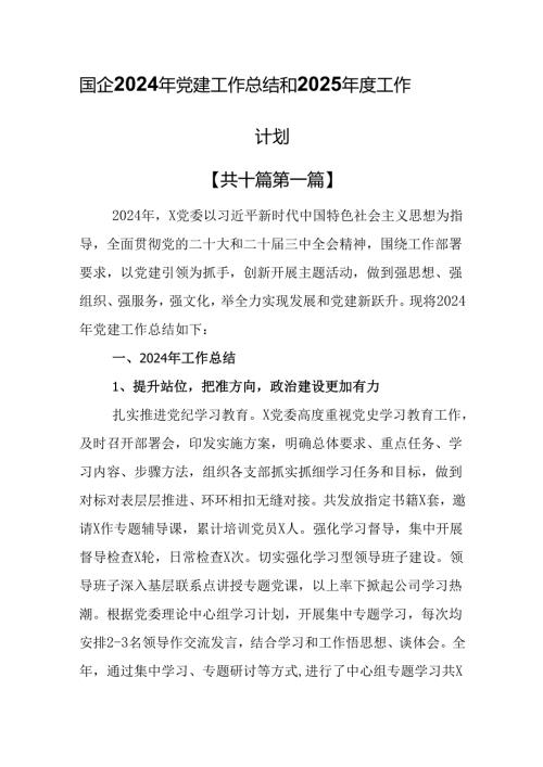 （10篇）国企2024年党建工作总结和2025年度工作计划.docx