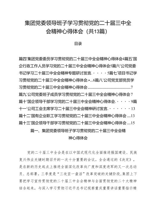 （13篇）集团党委领导班子学习贯彻党的二十届三中全会精神心得体会（最新版）.docx