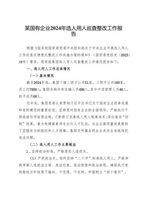 某国有企业2024年选人用人巡查整改工作报告.docx
