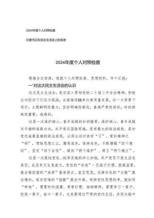 2024年度个人对照检查发言+纪委书记在民主生活会上的发言.docx