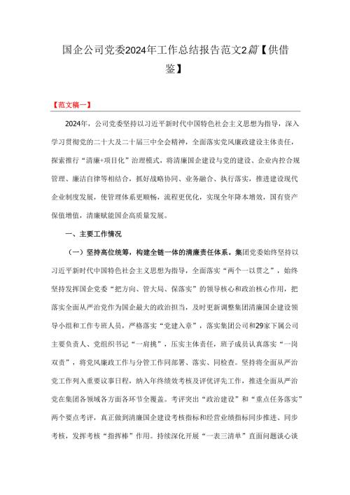 国企公司党委2024年工作总结报告范文2篇【供借鉴】.docx