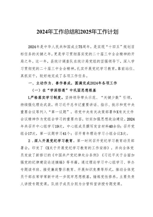 县统计调查队党支部2024年工作总结和2025年工作计划.docx