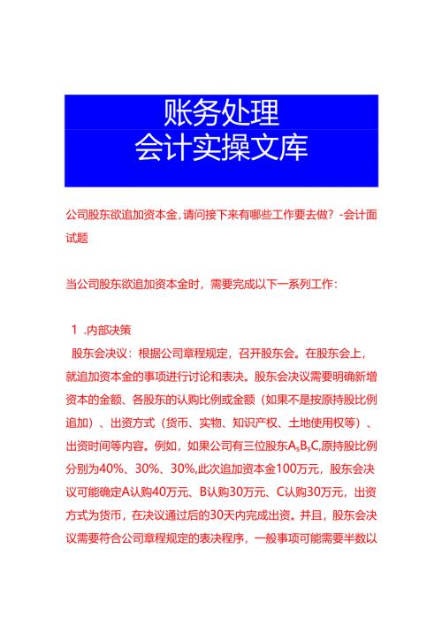 公司股东欲追加资本金请问接下来有哪些工作要去做-会计面试题.docx