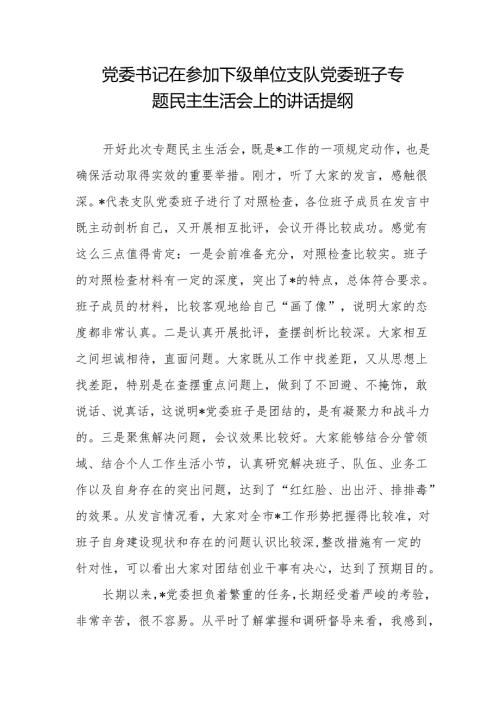 党委书记在参加下级单位支队党委班子专题民主生活会上的讲话提纲.docx