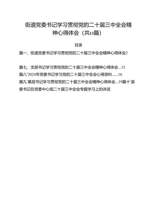 （13篇）街道党委书记学习贯彻党的二十届三中全会精神心得体会范文.docx