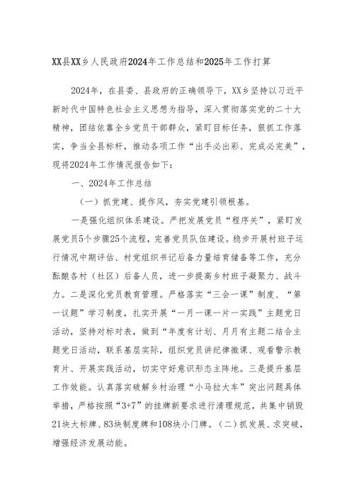 XX县XX乡人民政府2024年工作总结和2025年工作打算.docx