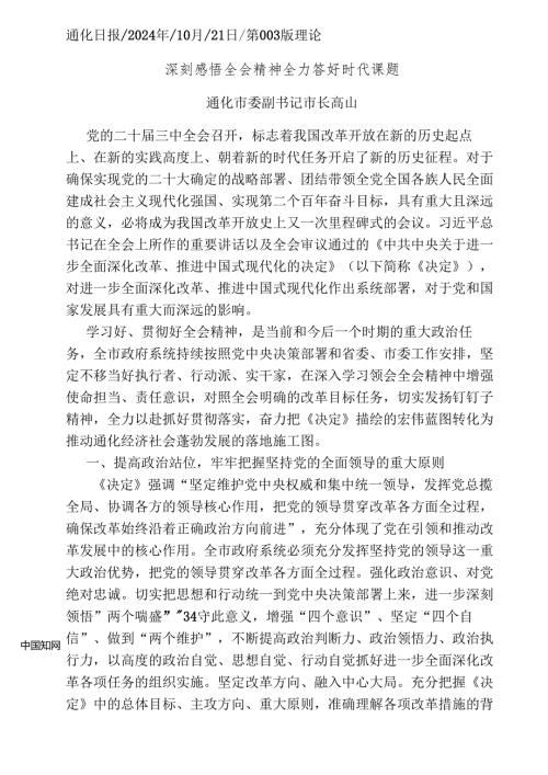 2024.10党的二十届三中全会精神学习心得体会和贯彻落实意见——通化市长高山.docx