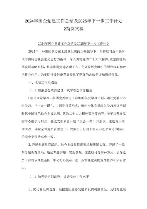 2024年国企党建工作总结及2025年下一步工作计划2篇例文稿.docx