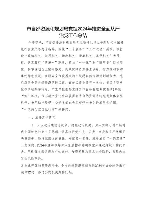 市自然资源和规划局党组2024年推进全面从严治党工作总结.docx