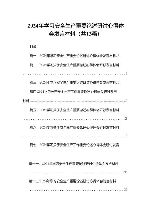 2024年学习安全生产重要论述研讨心得体会发言材料【13篇精选】供参考.docx