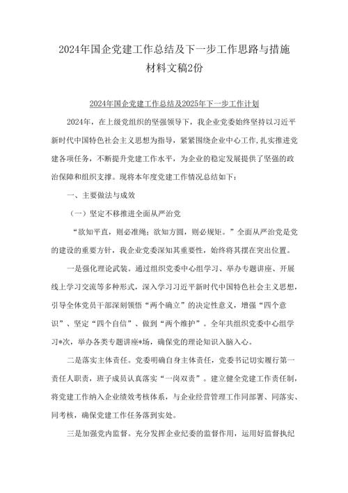 2024年国企党建工作总结及下一步工作思路与措施材料文稿2份.docx