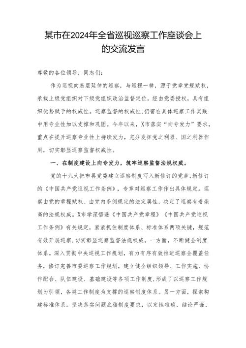 某市在2024年全省巡视巡察工作座谈会上的交流发言.docx