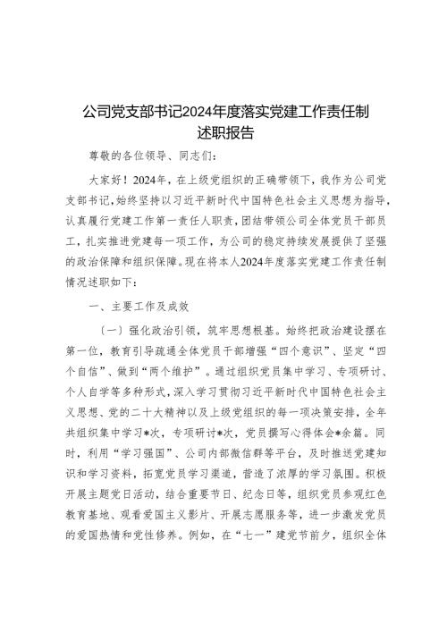 公司党支部书记 2024 年度落实党建工作责任制述职报告.docx