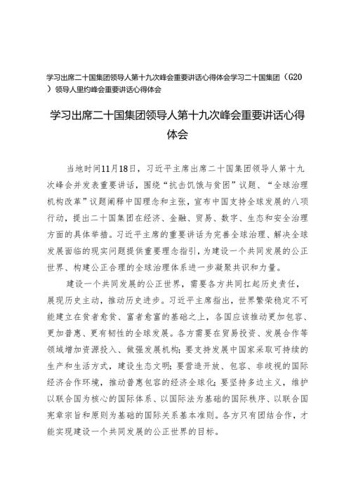 2024年学习二十国集团（G20）领导人里约峰会重要讲话心得体会+学习出席二十国集团领导人第十九次峰会重要讲话心得体会.docx