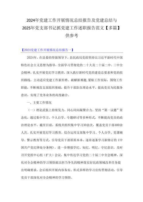 2024年党建工作开展情况总结报告及党建总结与2025年党支部书记抓党建工作述职报告范文【多篇】供参考.docx