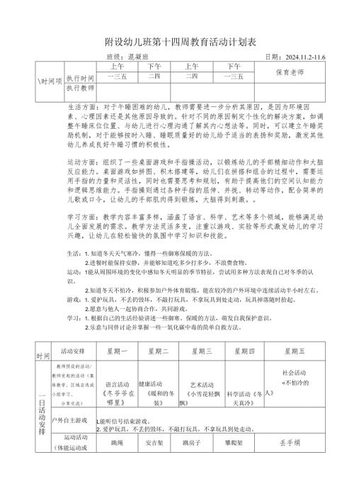 附设幼儿班第十四周教育活动计划表.docx