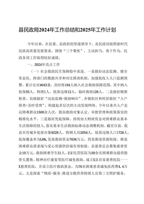某县民政局2024年工作总结和2025年工作计划.docx