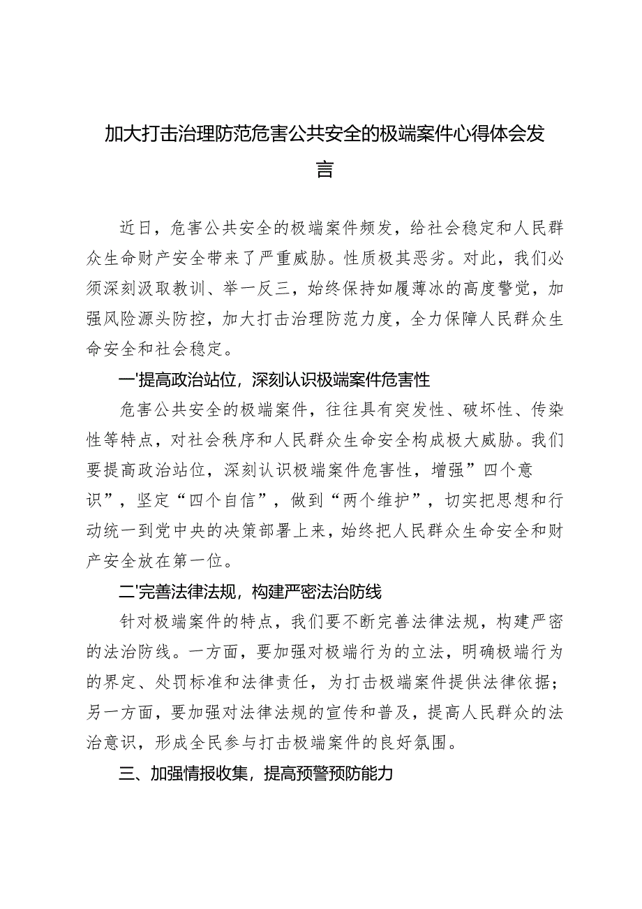 2024-2025年加大打击治理防范危害公共安全的极端案件心得体会发言.docx_第1页