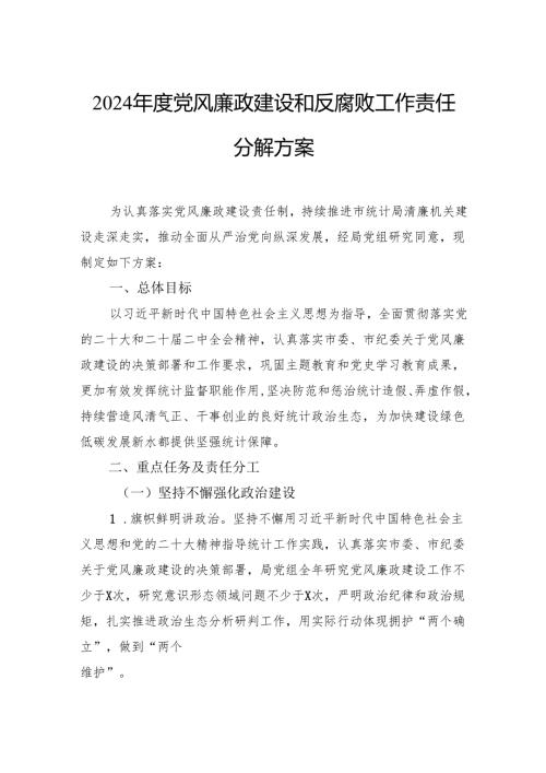 2024年度党风廉政建设和反腐败工作责任分解方案.docx
