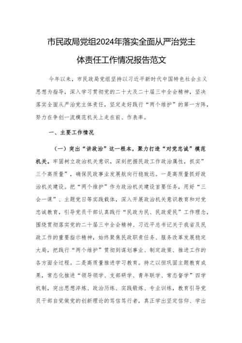 民政党组2024年落实全面从严治党主体责任工作情况报告范文.docx