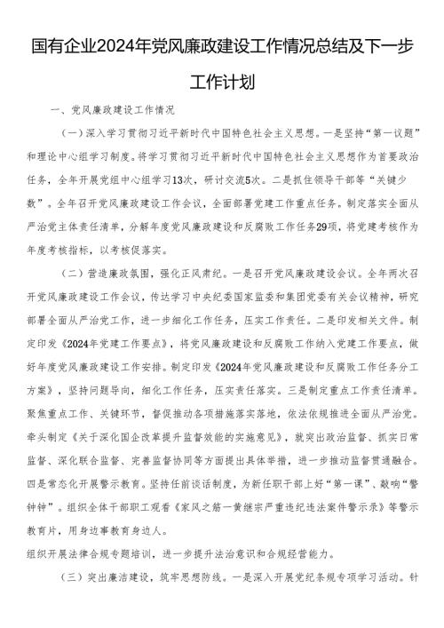 国有企业2024年党风廉政建设工作情况总结及下一步工作计划.docx