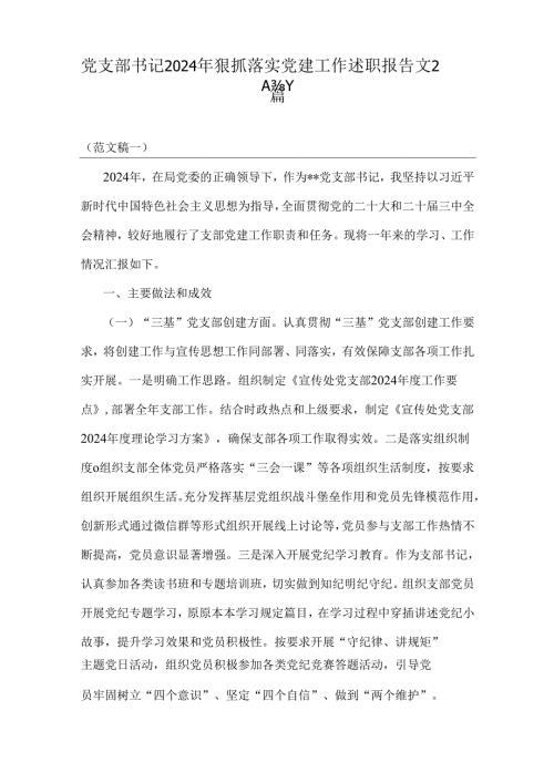 党支部书记2024年狠抓落实党建工作述职报告文2篇.docx
