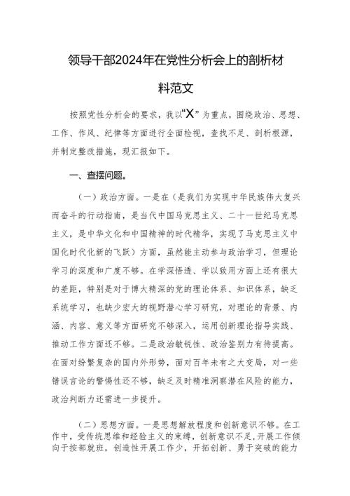 领导干部2024年在党性分析会上的剖析材料范文.docx