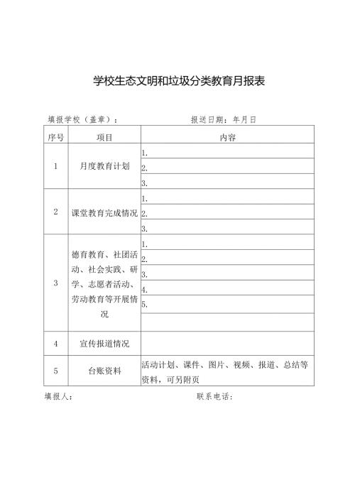 学校生态文明和垃圾分类教育月报表.docx