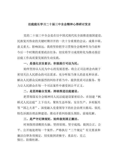 （11篇）法庭庭长学习二十届三中全会精神心得研讨发言范文 - 副本.docx