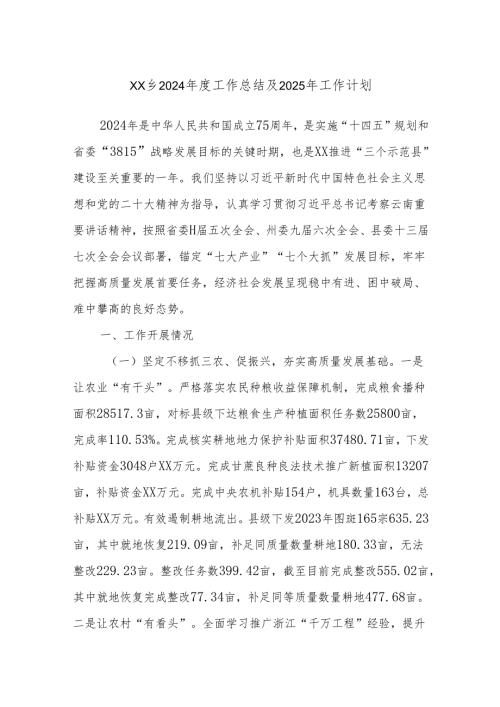 XX乡2024年度工作总结及2025年工作计划.docx