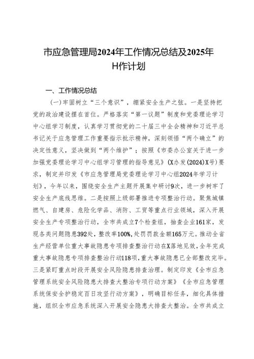 市应急管理局2024年工作情况总结及2025年工作计划.docx
