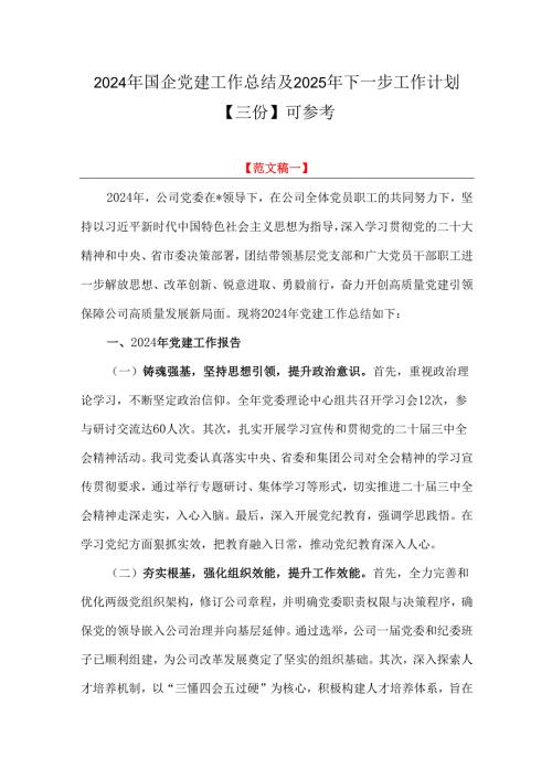 2024年国企党建工作总结及2025年下一步工作计划【三份】可参考.docx