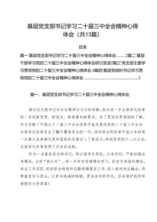 （13篇）基层党支部书记学习二十届三中全会精神心得体会范文.docx