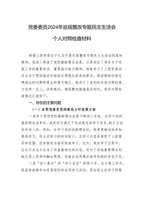 党委委员2024年巡视整改专题民主生活会个人对照检查材料.docx
