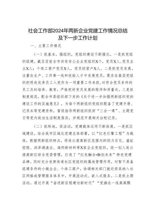 社会工作部2024年两新企业党建工作情况总结及下一步工作计划.docx