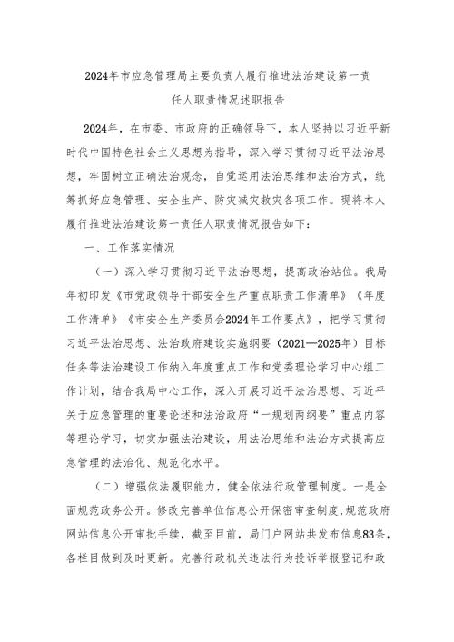 述职报告：20241125市应急管理局主要负责人履行推进法治建设第一责任人职责情况述职报告.docx