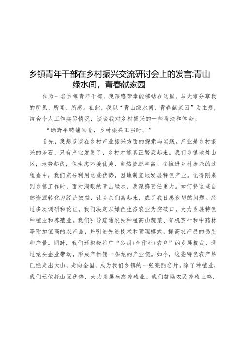 乡镇青年干部在乡村振兴交流研讨会上的发言：青山绿水间青春献家园.docx