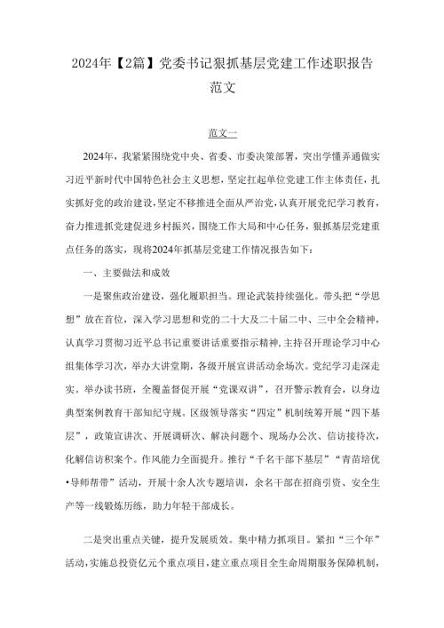 2024年【2篇】党委书记狠抓基层党建工作述职报告范文.docx