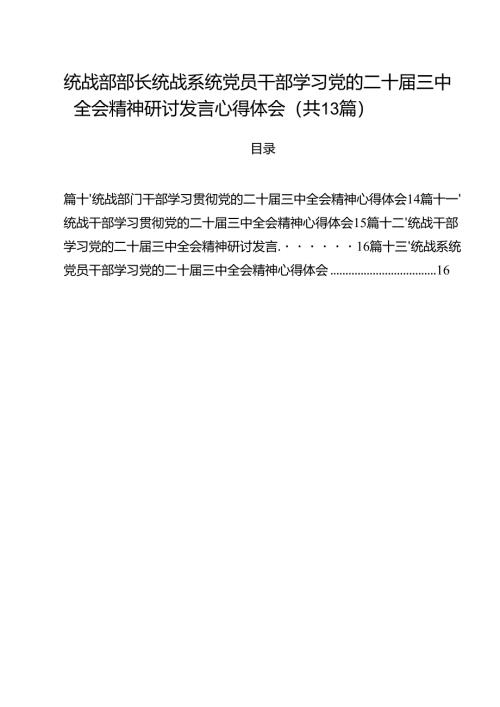 （13篇）统战部部长统战系统党员干部学习党的二十届三中全会精神研讨发言心得体会范文.docx