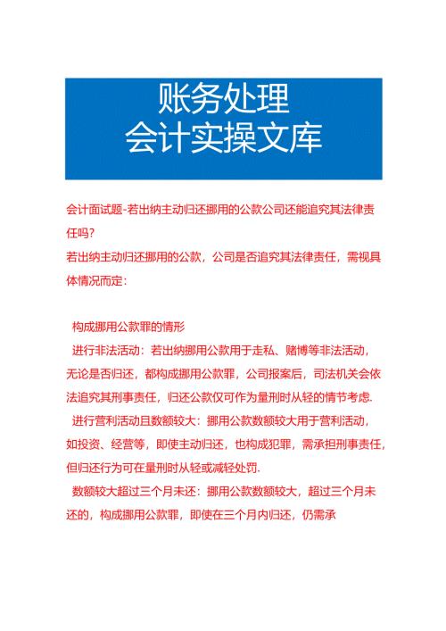 会计面试题-若出纳主动归还挪用的公款公司还能追究其法律责任吗.docx