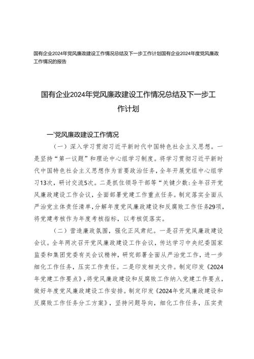 国有企业2024年党风廉政建设工作情况总结报告及下一步工作计划.docx