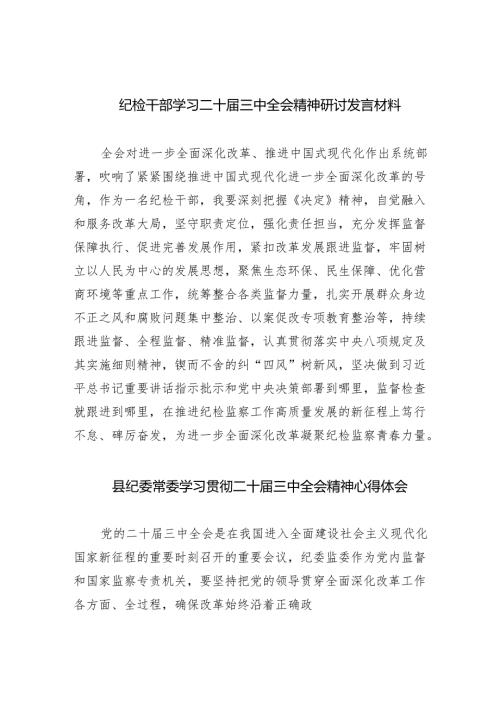 （9篇）纪检干部学习二十届三中全会精神研讨发言材料范文.docx