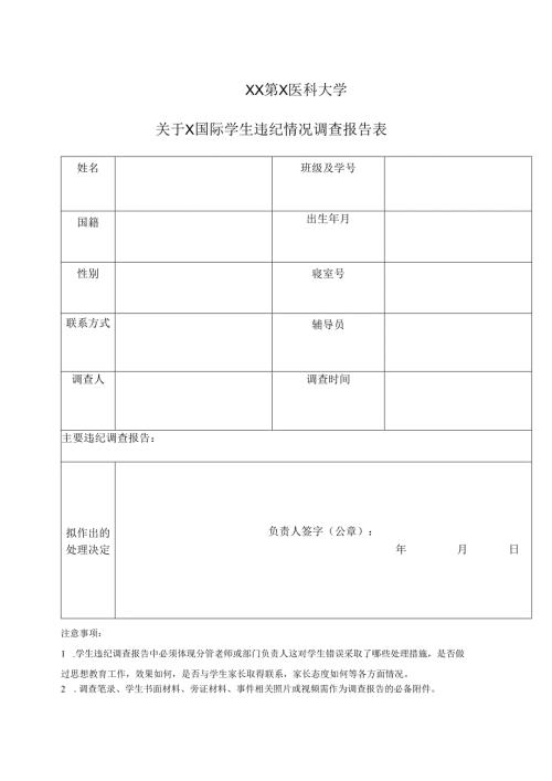 XX第X医科大学关于X国际学生违纪情况调查报告表（2024年）.docx